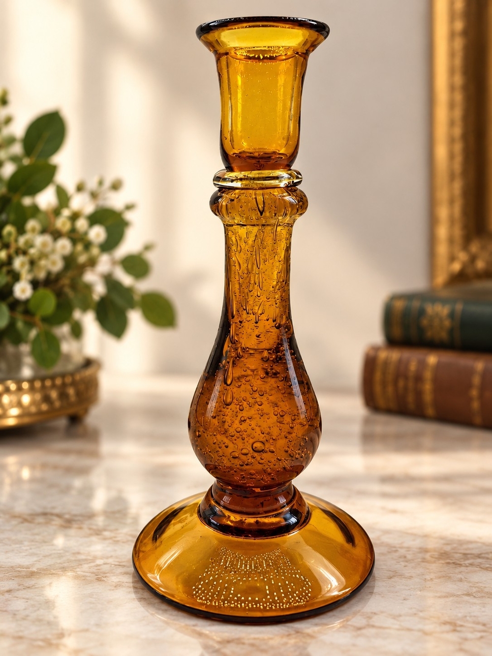 Amber Glass Bubble Candlestick - Elegant Home Art Accent
